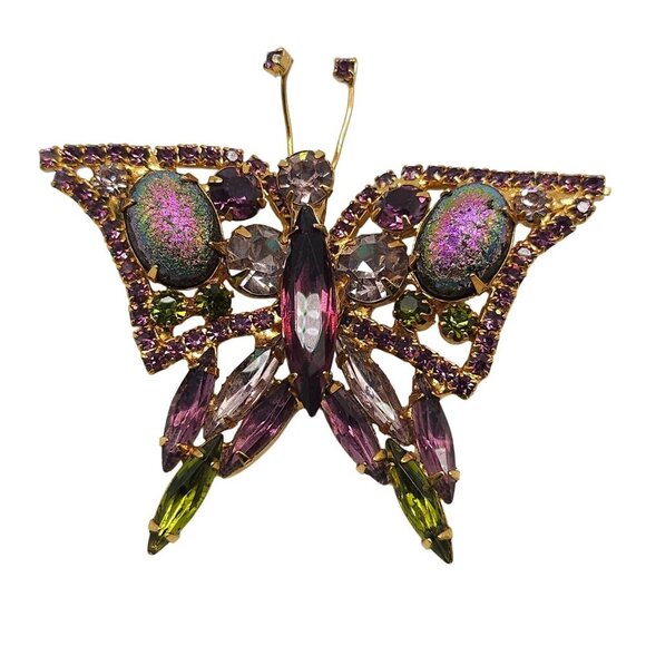 Vintage Purple Rhinestone Butterfly Brooch Pin Stippled Lava Stones - Picture 1 of 7